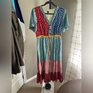 Polka Dot Patchwork V-Neck Midi Dress with Drawstring Waist - Multi